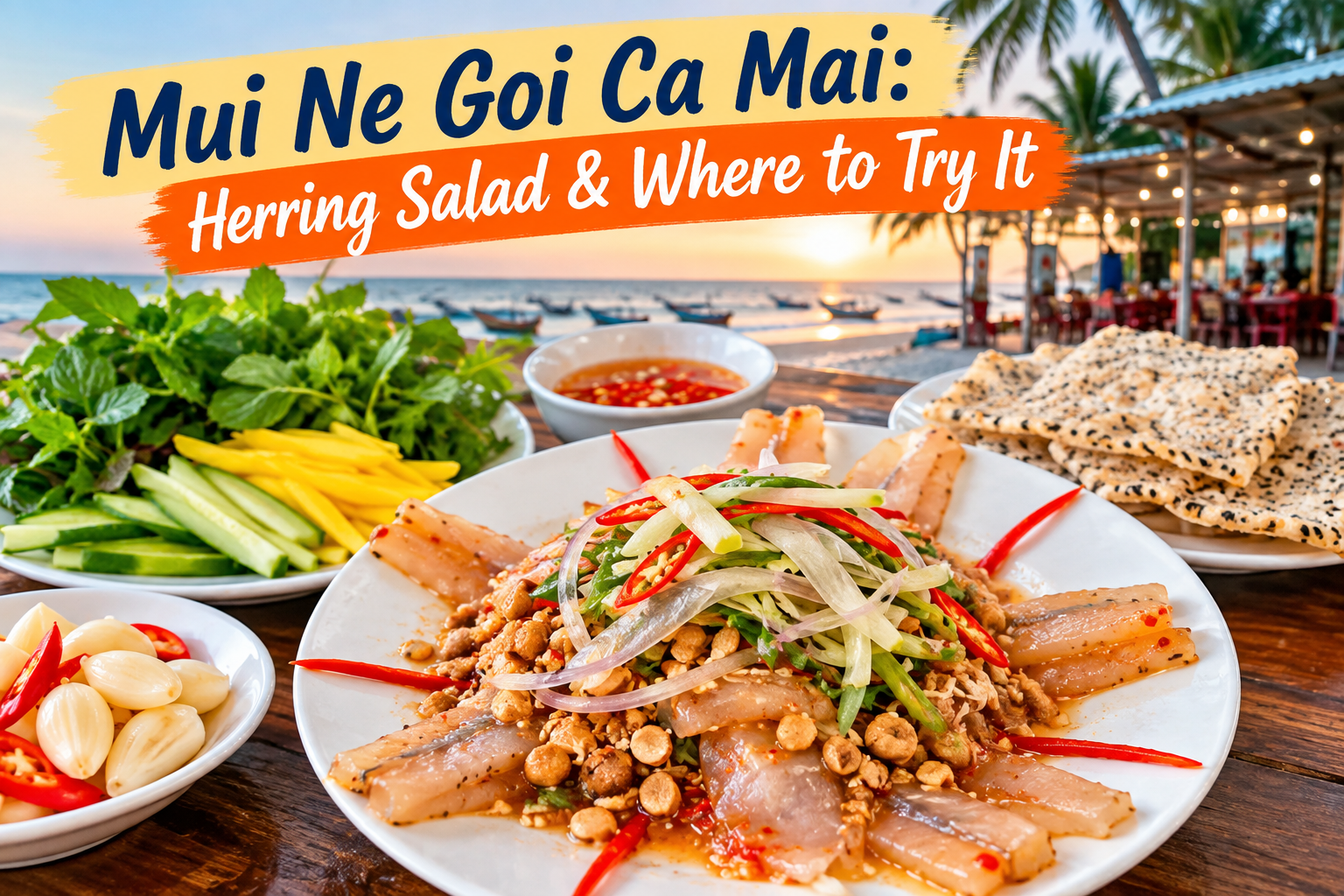 Hero shot under the intro — a plated Phan Thiet fish salad with herbs and rice paper
